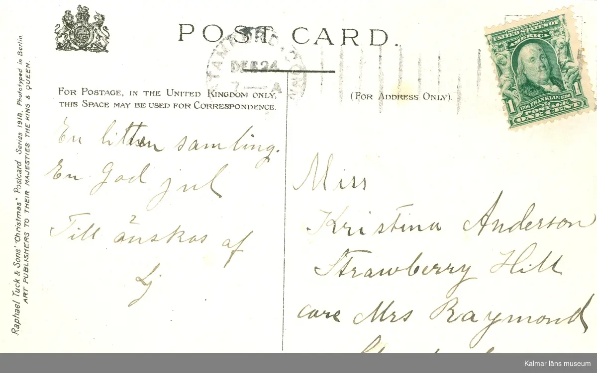 Ett svart/vitt vykort till Kristina Andersson, Stamford, Connecticut, USA.