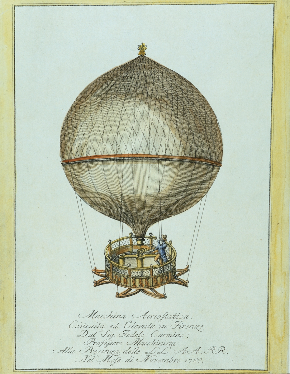 Skämtbild med ballong och en man i ballongkorg november 1788.