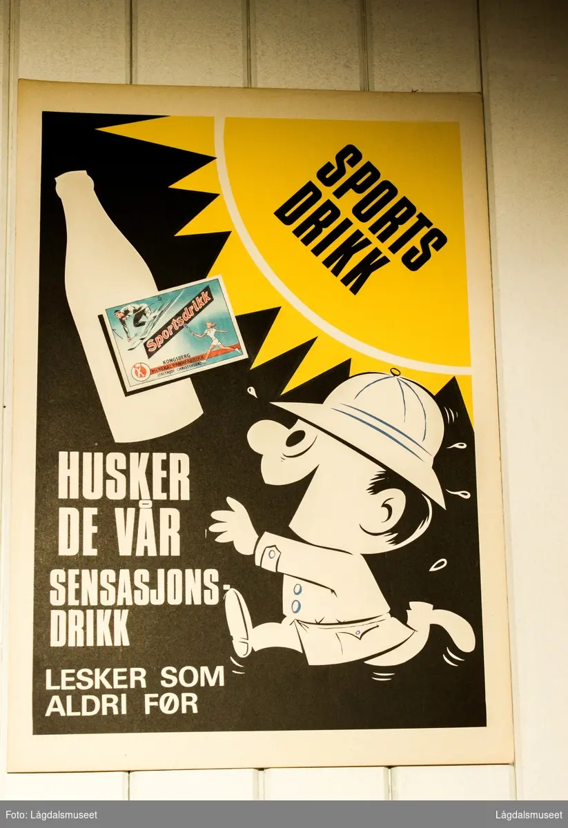 Reklameplakat for sportsdrikk fra Kongsberg Mineralvannfabrikk.