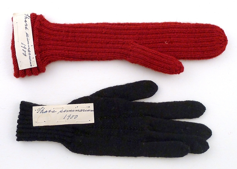 Textila slöjdprover från "Skara seminarium 1900"
Bestående av två små märkdukar, en fingervante, en tumvante, en strumpa, en kofta samt fyra stickningsprover.
Tillverkade av Armida Zetterlund, född 1880.