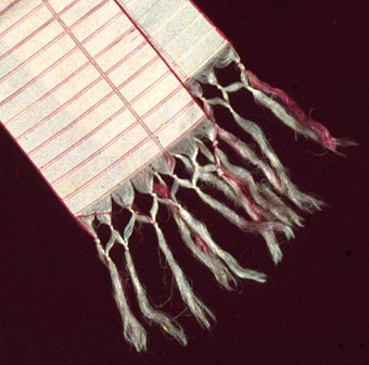 Gulvit halsduk med ränder i vitt och blårött. En smal längsgående rand i samma färger. Knuten frans i båda ändar.


Neg.nr: 84-02