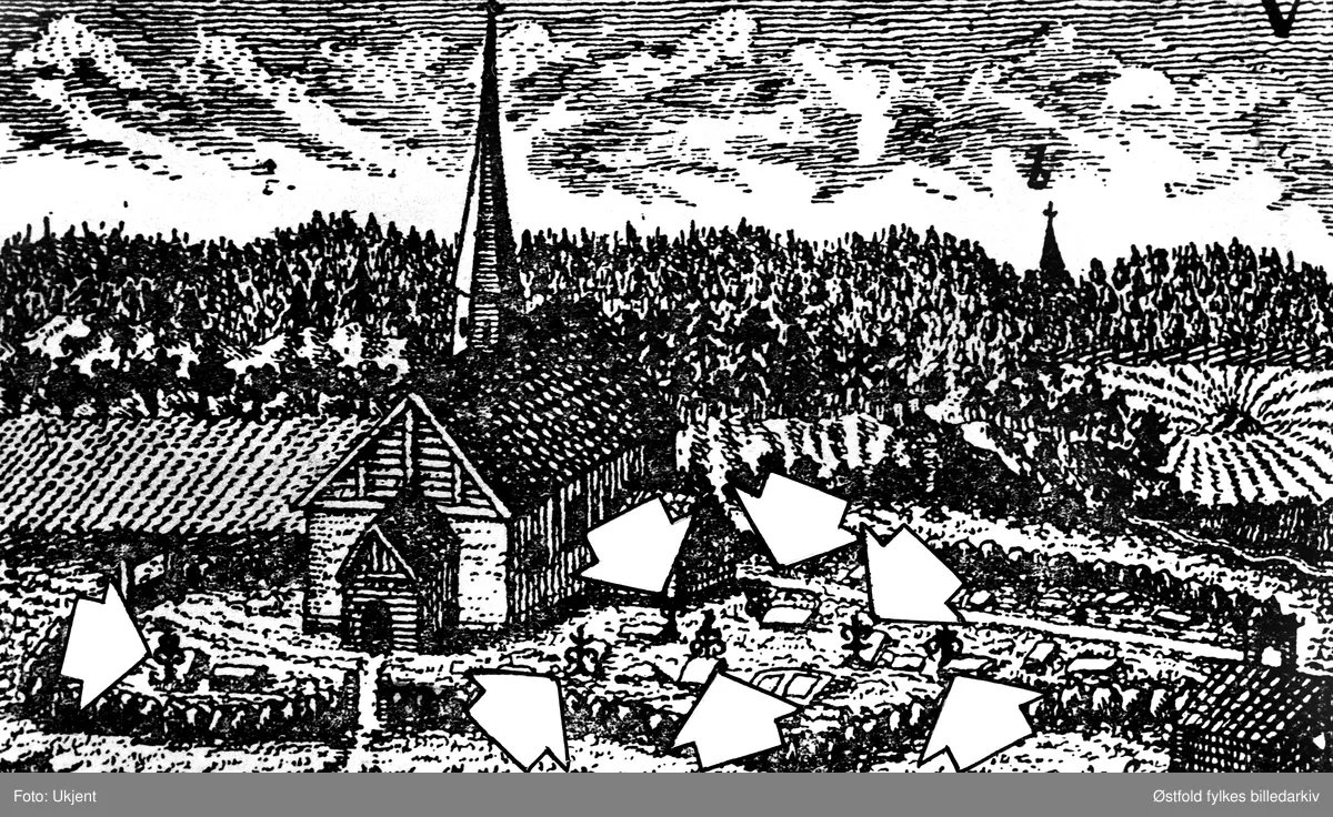 Illustrasjon av "Jern- Zirater" på Spydeberg kirkegård ca. 1780, Spydeberg kirke.
Kobberstikket fins i J. N. Wilses Spydebergs beskrivelse, se artikkel WIWAR nr. 1/73.