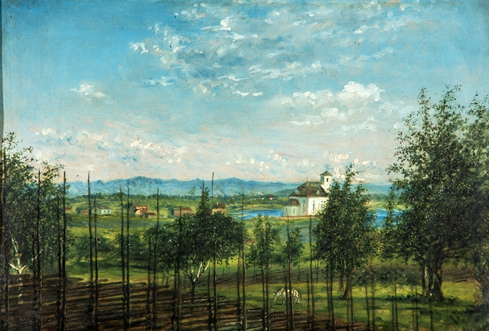 Maleri av Mathias Stoltenberg. (født 1799, død 1871)
Vang kirke, landskap.