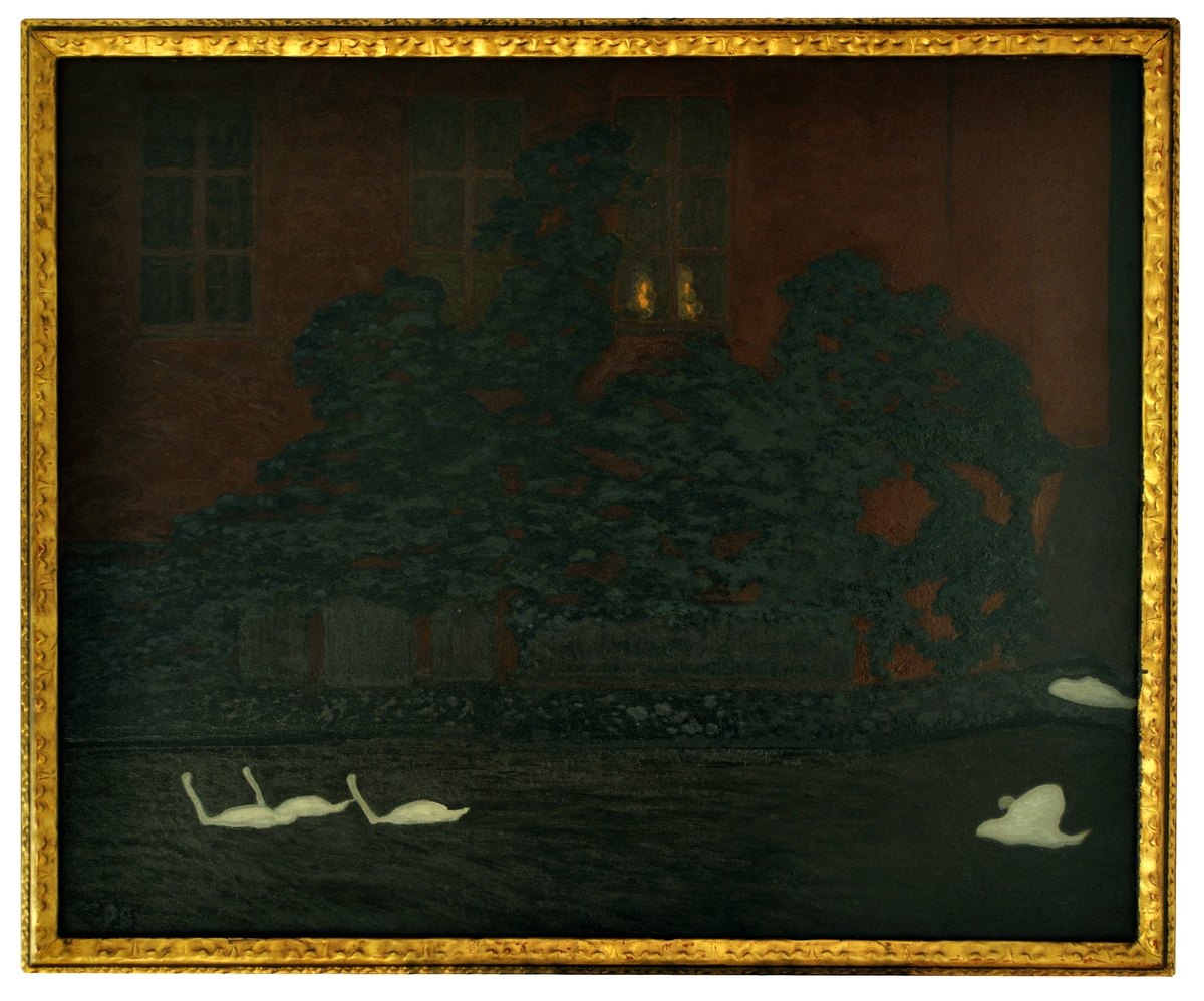 Oljemålning, "Natt vid svanboet" av Pelle Swedlund. Motivet från Brügge, Belgien, där Swedlund vistades 1898-1899. Han har avbildat motiv från staden i flera av sina målningar.