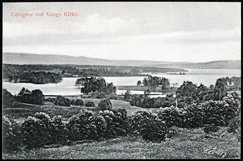 "Udsigten ved Vang kirke" Utsikt mot Åkersvika, Mjøsa. Brevkort, postkort.