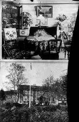 Montering av to bilder: Interiør stue og bilde av hus (fasad