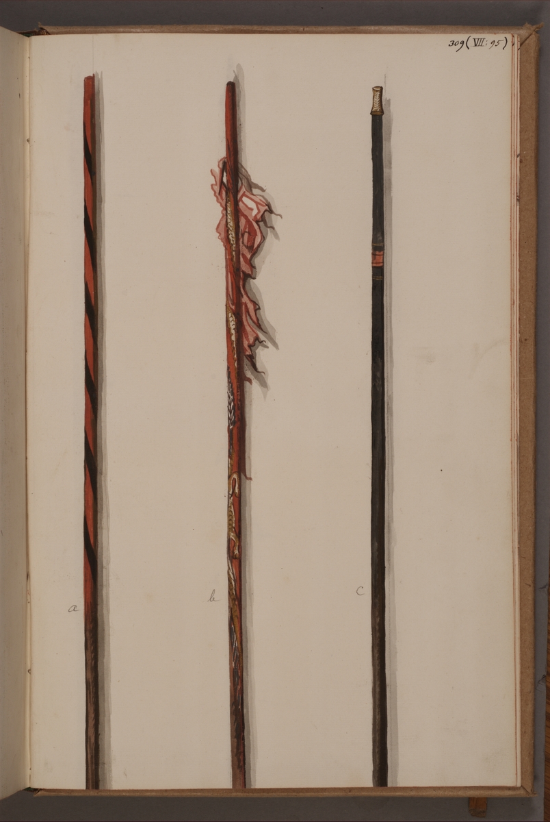 Avbildning i gouache föreställande fanstänger tagna som troféer av svenska armén. De två stängerna längst till höger i bild finns bevarade i Armémuseums samling, för mer information, se relaterade objekt.