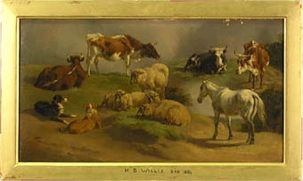 Enligt liggaren: "Djur", häst, kor, får, hundar. Enkel, förgylld träram. Konstnär: Henry-Britton Willis (1808-1884). :: Montering/Ram: Monterad i förgylld ram.