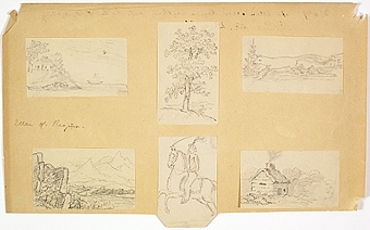 Sex stycken små teckningar är uppklistrade på ett större ark. Motiv: träd, räv på språng, skärgårdsmiljö, fjällandskap, man på häst och timrad stuga.
Osignerad.
Troligen av Ellen eller Regina Kylberg.