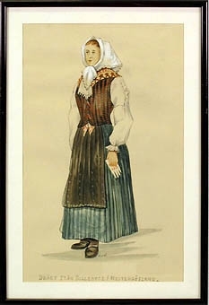 Akvarell föreställande kvinna iklädd kvinnodräkt från Bollebygd, Västergötland.
Inom glas och brunpolerad träram