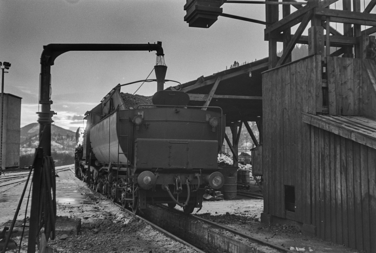 Damplokomotiv type 63a nr. 5844 ved kulldepotet på Støren stasjon. Vannfylling fra vannstender.