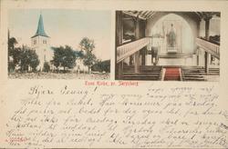 Postkort, kolorert lystrykk av Tune kirke, eksteriør og inte