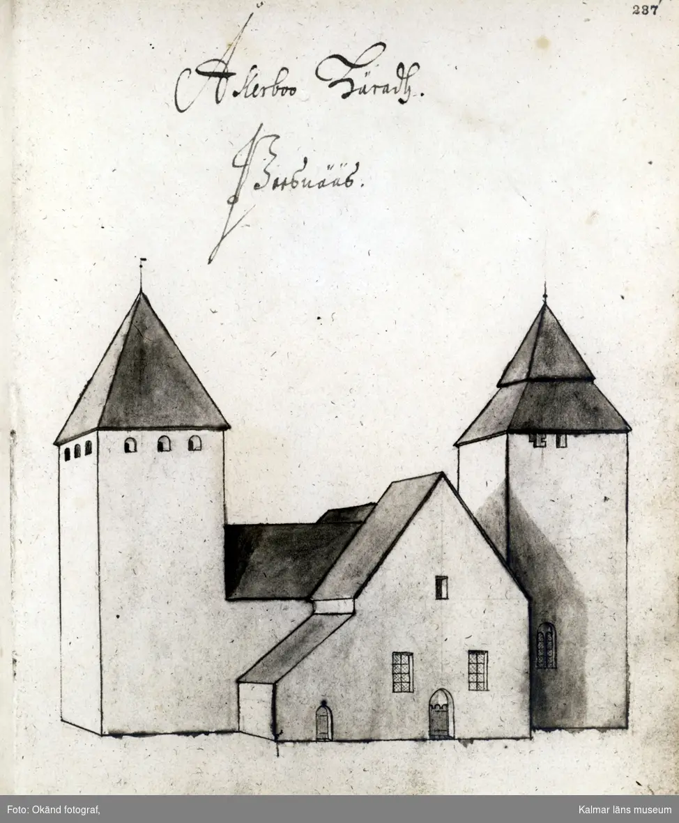 Teckning av Persnäs gamla klövsadelkyrka.