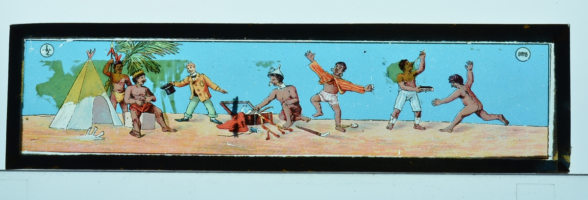 7 avlange glassplater med forskjellig motiv.