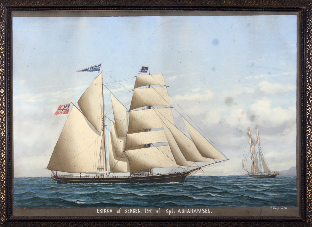 Skipsportrett av skonnert ERIKKA på åpent hav, skipet sees også fra akter til høyre i motivet. 10 mann på dekk. Skipet fører norsk flagg med unionsmerke, navnevimpel og fører kjenningssignal X IJNG.