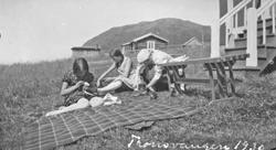 Kvinner på setervoll. Idyll utafor "Kvilut"-trappa, Nordklet