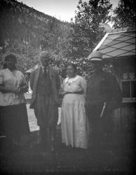 To menn og to damer ved inngangen til Elvesæter, Bøverdalen.