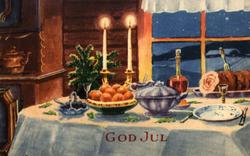 Julekort. Jule- og nyttårshilsen. Interiør fra stue med dekk