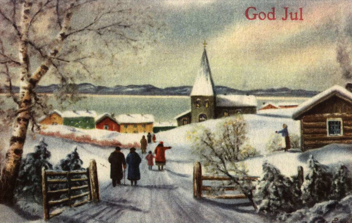 Julekort. Ubrukt. Vintermotiv. Kirkegjengere på vei til kirken i en liten fjordbygd.