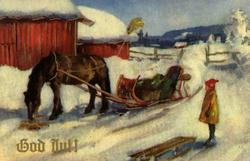 Julekort. Ubrukt. Vintermotiv. Hest og slede på gårdstun.