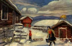 Julekort. Ubrukt. Vintermotiv. Gårdstun.  Kvinne og barn.