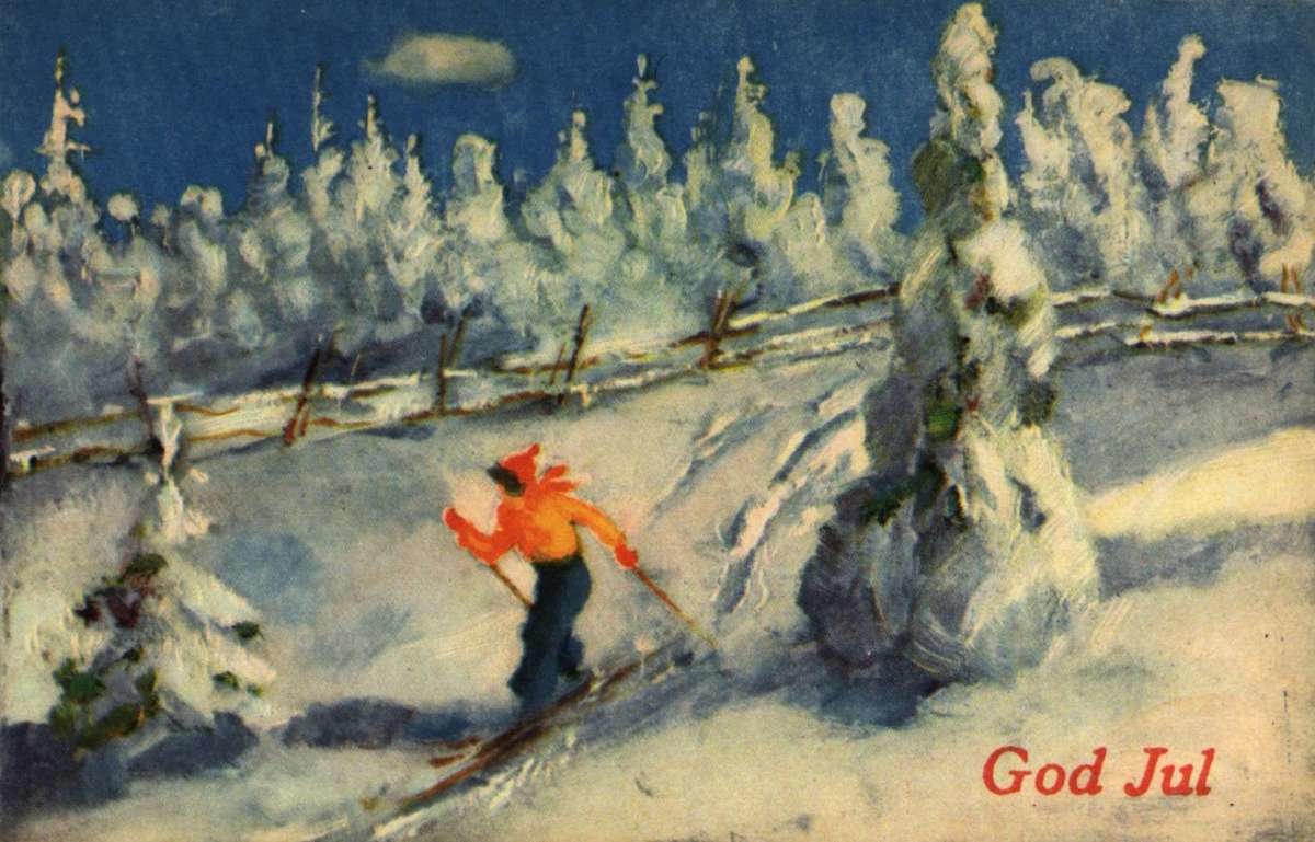 Julekort. Ubrukt. Vintermotiv. En kvinnelig skiløper på tur i skogen.