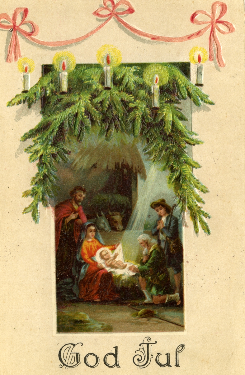 Julekort. Jule- og nyttårshilsen. Religiøst motiv. Maria med Jesusbarnet og de hellige tre konger. Stemplet 20.12.1917.