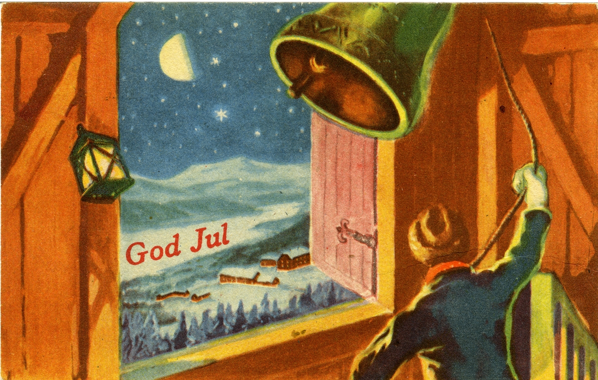 Julekort. Jule- og nyttårshilsen. Mann ringer med klokke i kirketårnet. Utsikt mot vinterlandskap med gårdstun under en klar stjernehimmel. Stemplet 24.12.1945.