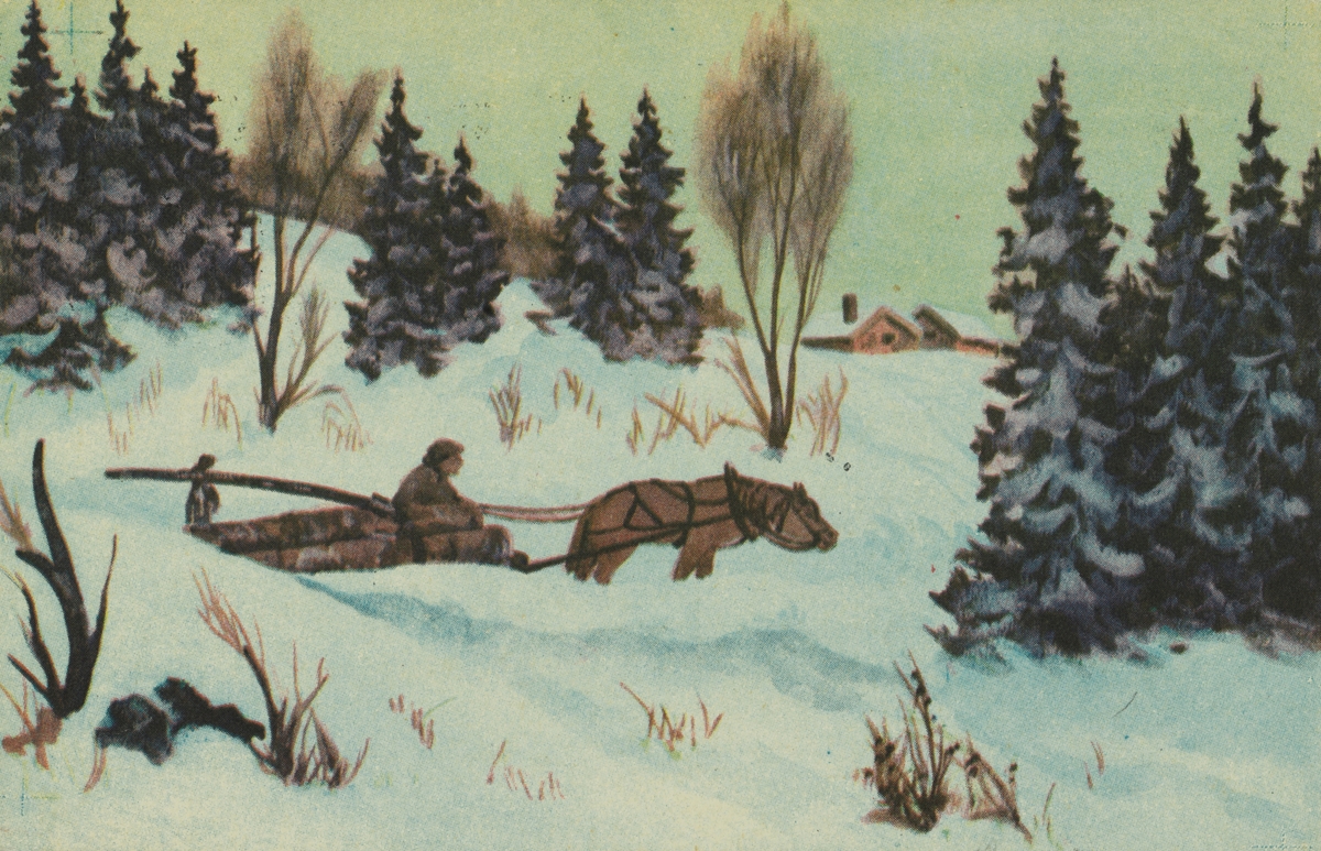 Julekort. Jule- og nyttårshilsen. Tømmerkjøring med hest i vinterlandskap. Stemplet Oslo 23.12.1933.