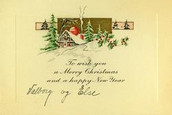 Julekort. Jule- og nyttårshilsen. Vinter. Landskap med bebyg