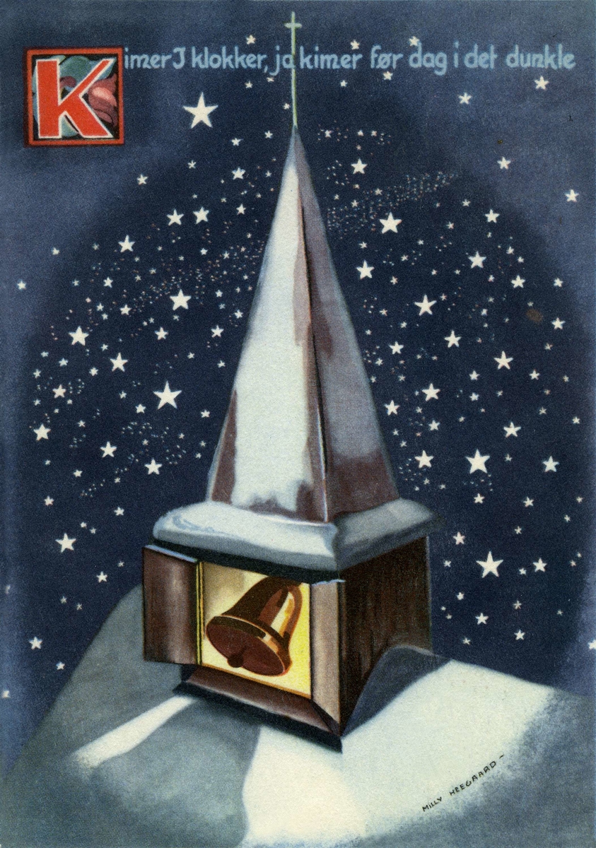 Julekort. Jule- og nyttårshilsen. Et klokketårn omgitt av mange stjerner. Tekst på kortet "Kimer i klokker, ja kimer før dag i det dunkle". Stemplet 20.12.1943.