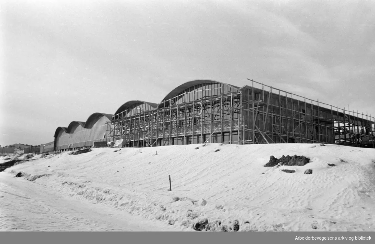 Ryenkrysset. Snø og kulde har skapt store forsinkelser på Harald A. Møllers bilbygg ved Ryen-krysset. Mars 1966