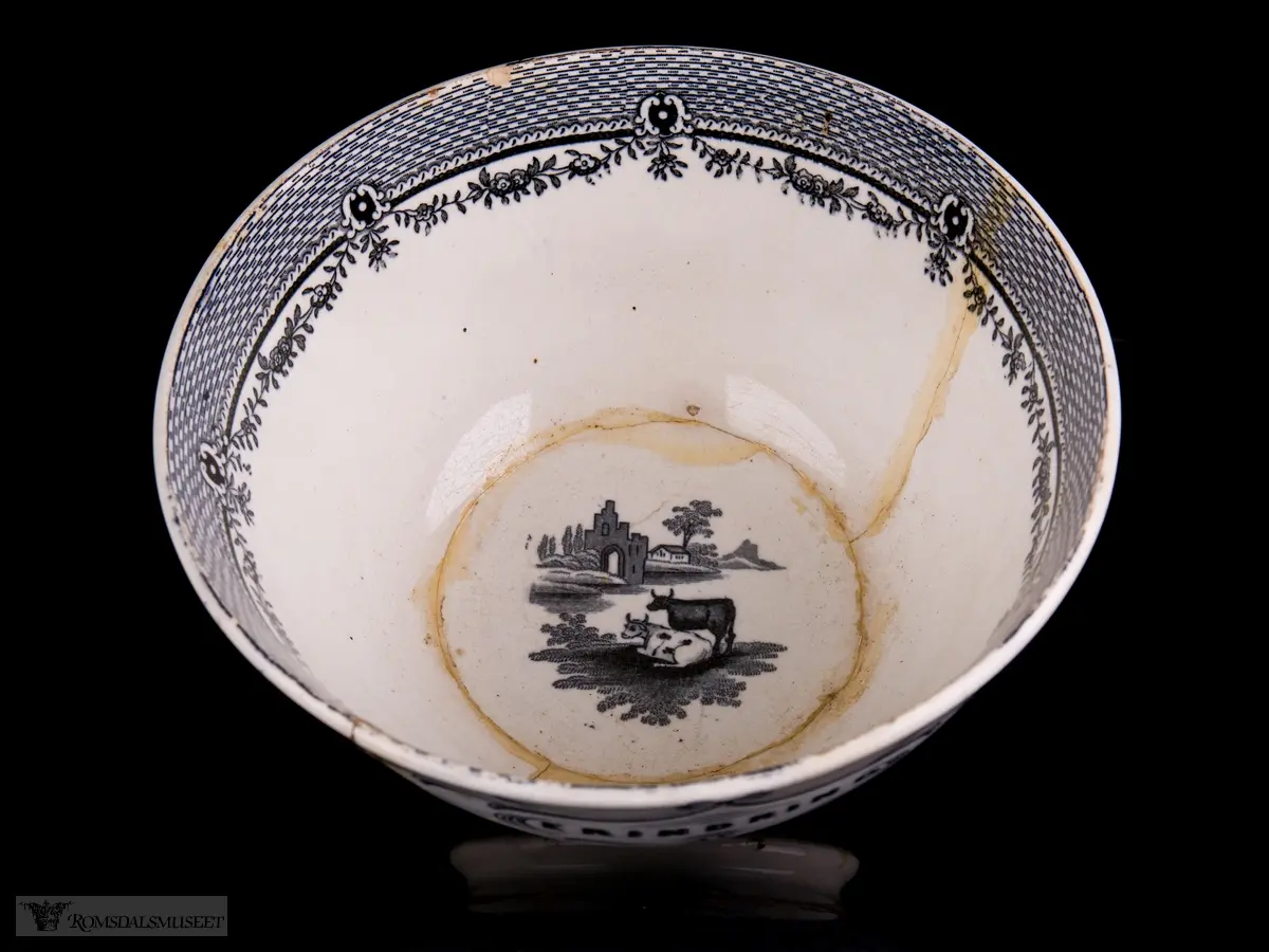 Innvendig et landskap med en klosterruin, hus og vegetasjon med vann rundt, og to kyr i forkant. På bollens sider er det et motiv med bebyggelse på en øy i en innsjø med seilbåter på vannet, fjell i bakgrunnen, og en borg eller landsby og to kyr i forgrunnen. Akantusranker rundt påskriften.