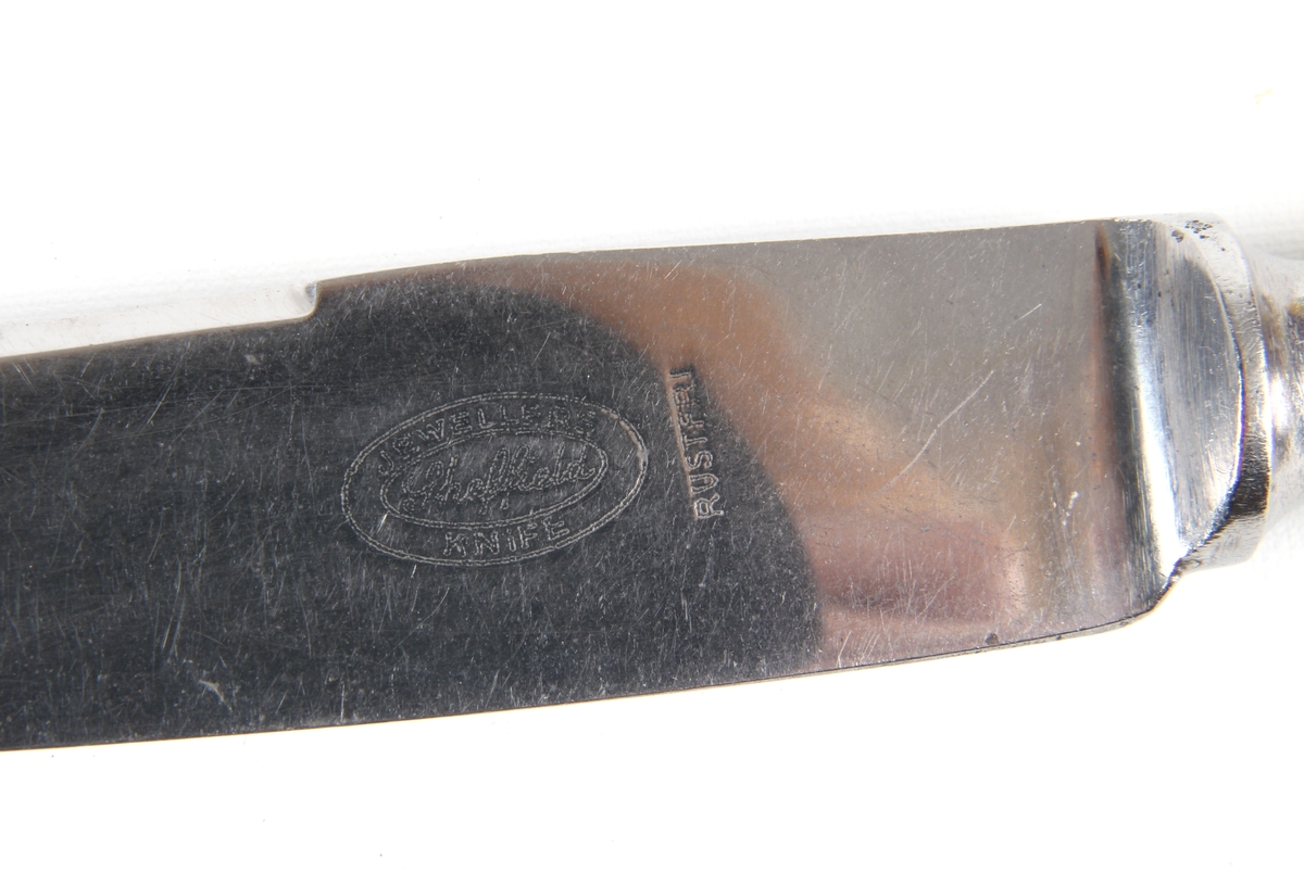 Bordkniv med blad av stål og skaft av hvitt bakelitt.
