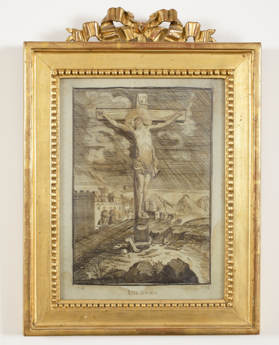 Tavla, sydd med svart silke på vitt siden.
Kristus på korset. 
Signerad under motivet: "C:H, Ioh 3. v. 14,15, 1791".
