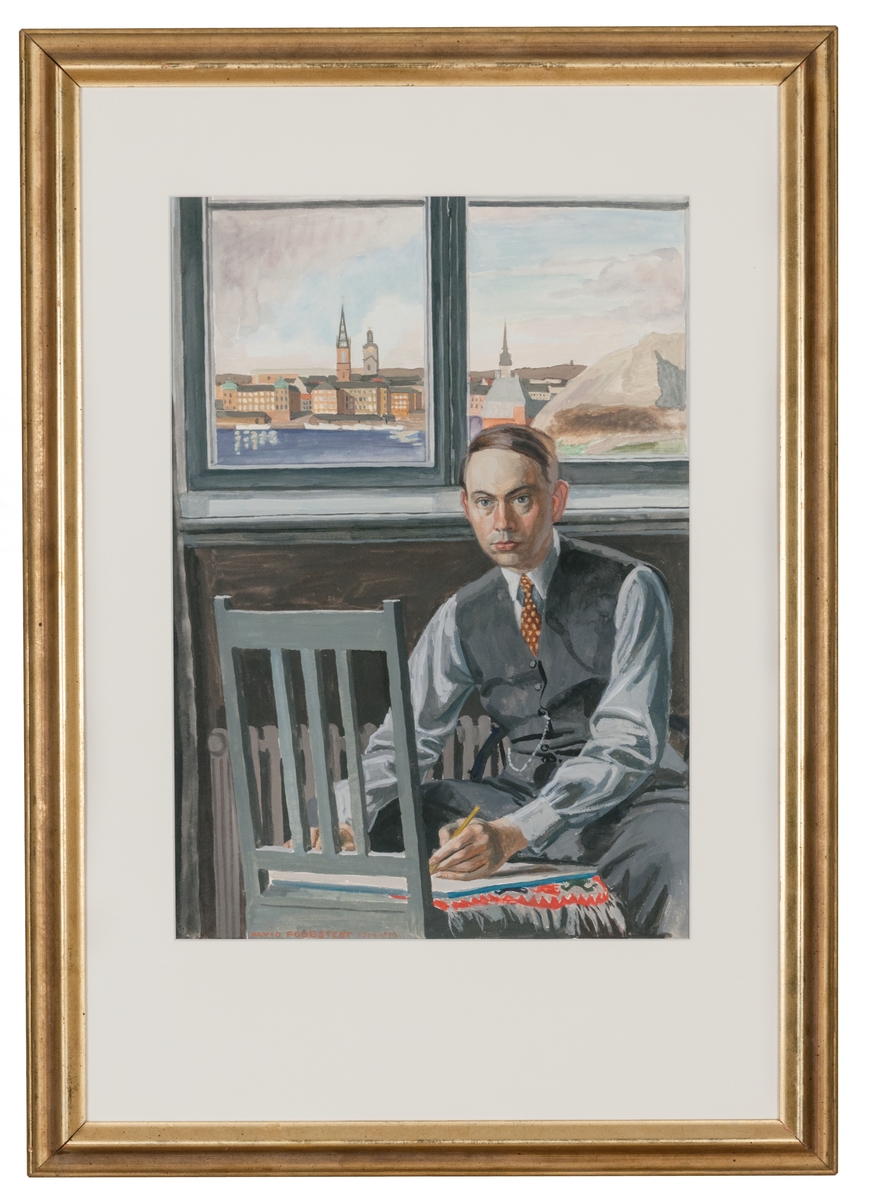 Gouache av Arvid Fougstedt, Självporträtt, 1933. Ett av konstnärens bästa självporträtt, representativt för den nya sakligheten.