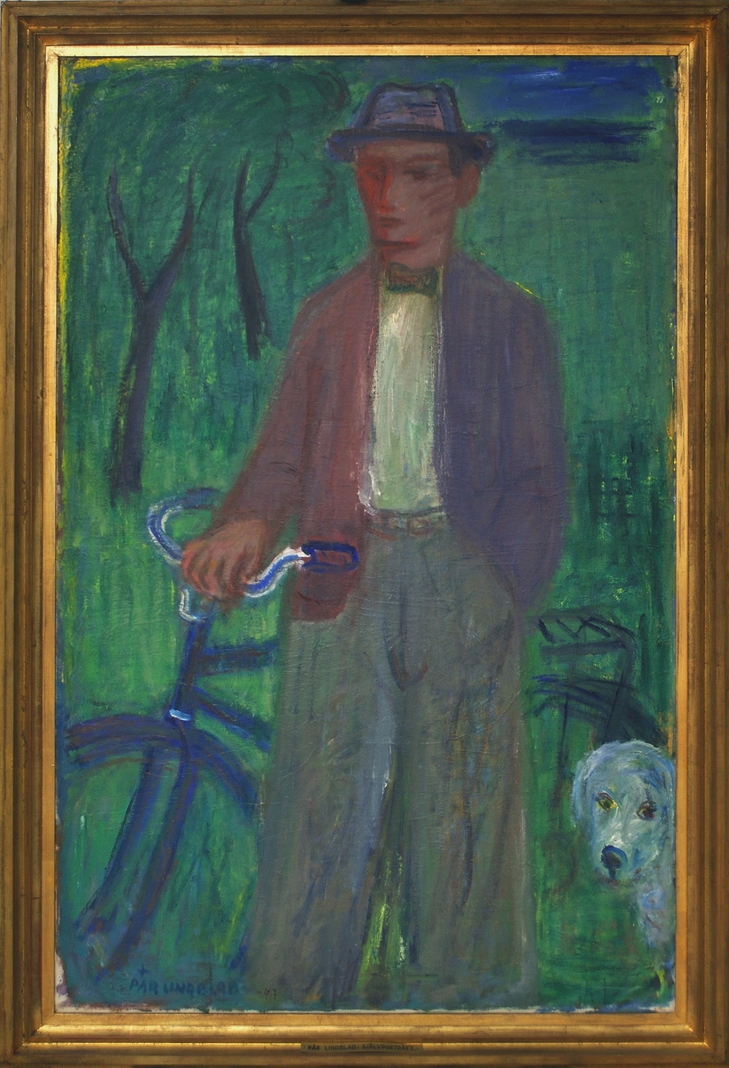 Oljemålning på duk, "Självporträtt" av Pär Lindblad. Knäbild, stående med vänster hand i byxfickan, vid cykel, vitaktig hund t.h., fonden grön.