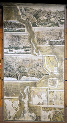 Gammelt, tegnet kart over Christian 6.'s reiserrute på Østlandet med detaljkart over de ulike besøksstedene innfelt.