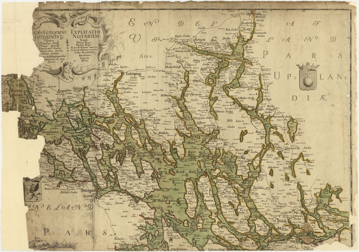 Karta över Uppland, en kopia i dubbel skala från en i lantmäteristyrelsens arkiv förvarad karta från år 1717, upprättad av lantmäteristyrelsen. Kartan är graverad och färglagd för hand.