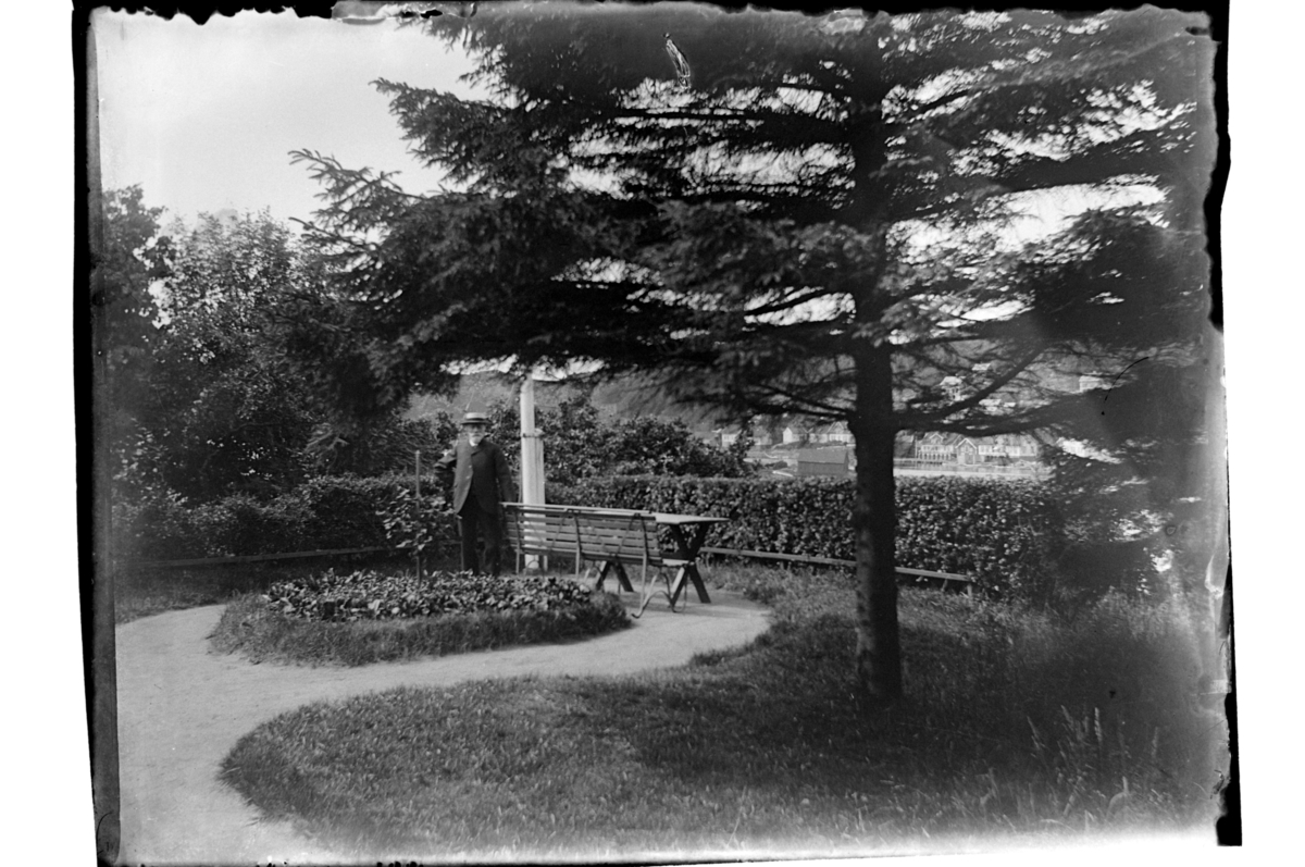 Konsul Peter Ingvard Sundt i hagen på Farøy. I bakgrunnen  Farsund. Fotografert 1903-1904.