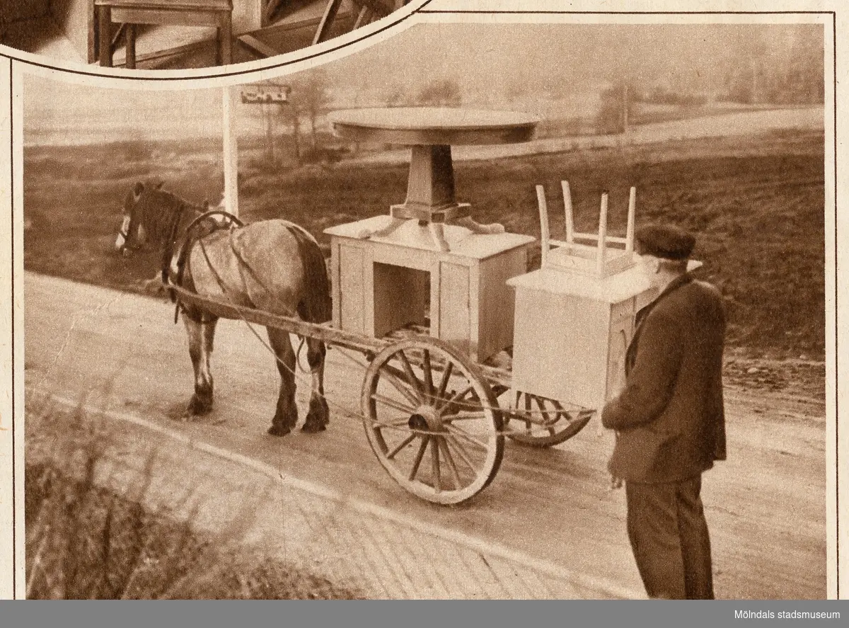 Transport av lastade möbler, s.k. "möbelfora".
Bilderna 1993_0448-0453 är reproduktionsfotograferade ur en artikel i Vecko-Journalen, från år 1930, angående möbelsnickeriverksamheten i Lindome.