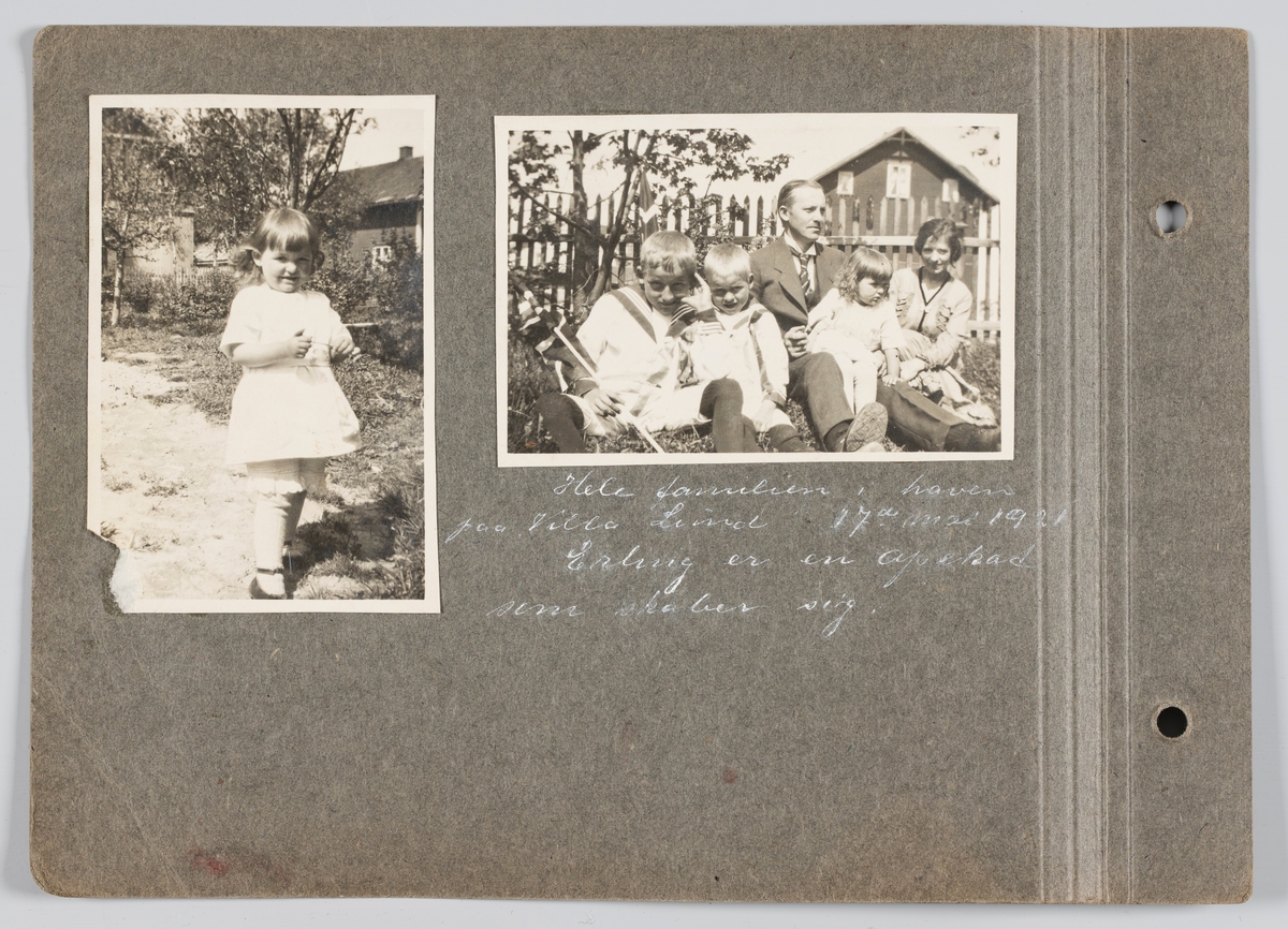 Bilde til venstre: Vera Holck f Michelsen.
Bilde til høyre: Hele familien Michelsen. 
Begge bilder tatt i hagen til Villa Lund på Strømmen 17.mai 1921