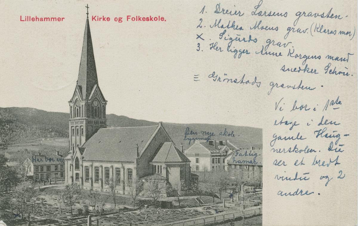 Repro: Lillehammer kirke og folkeskole, postkort, fram og bakside.