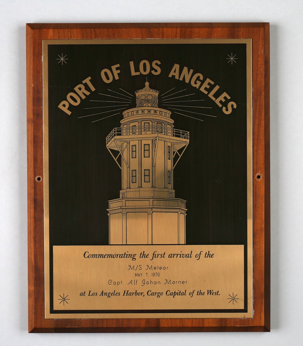 Plakett med motiv av fyrtårn i Los Angeles, California, U.S.A.