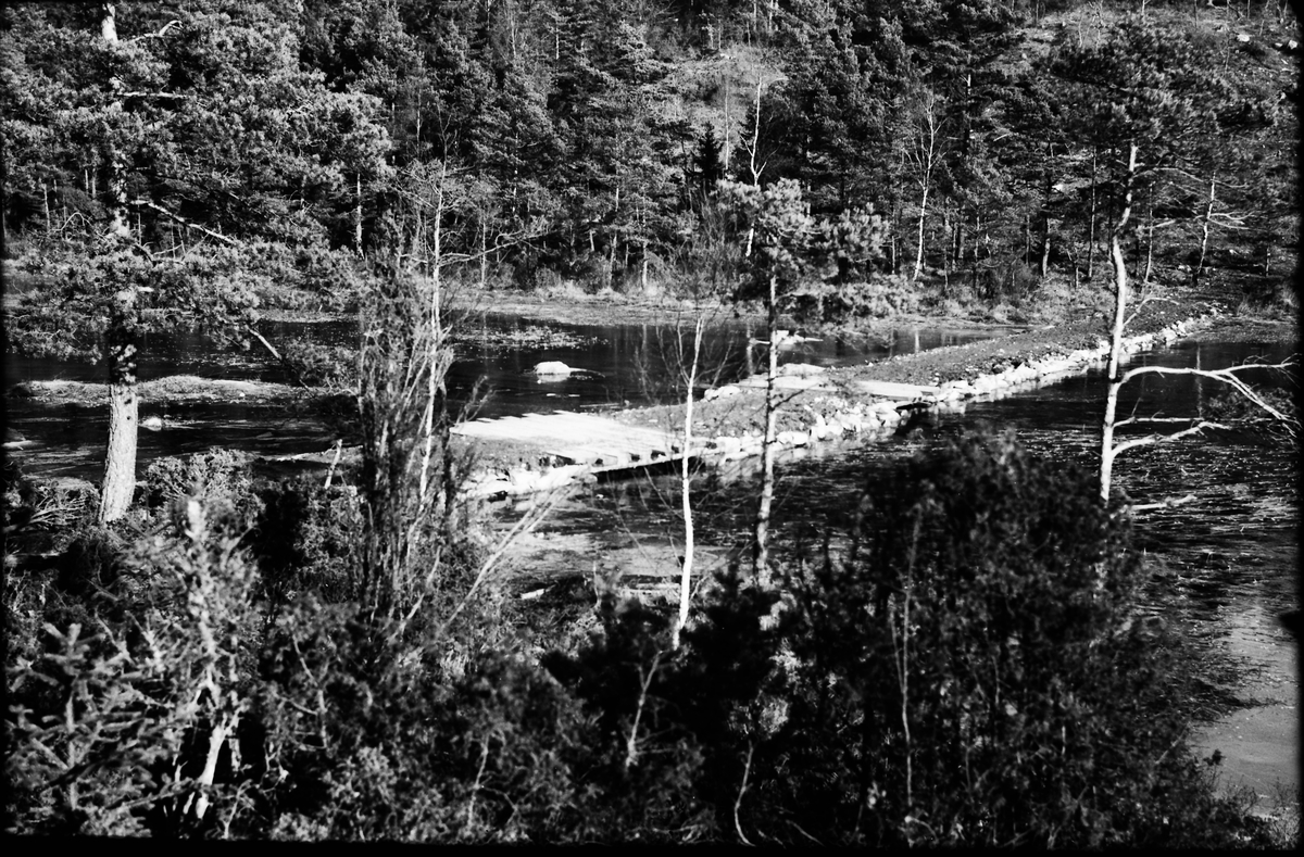 Kavelbro över ett vattendrag i skogen. Denna typ av bro användes över sanka områden och består av timmerstockar. Stockarna fördelar ett fordons tyngd så att det inte sjunker ner och bron dämmer inte vattnet.