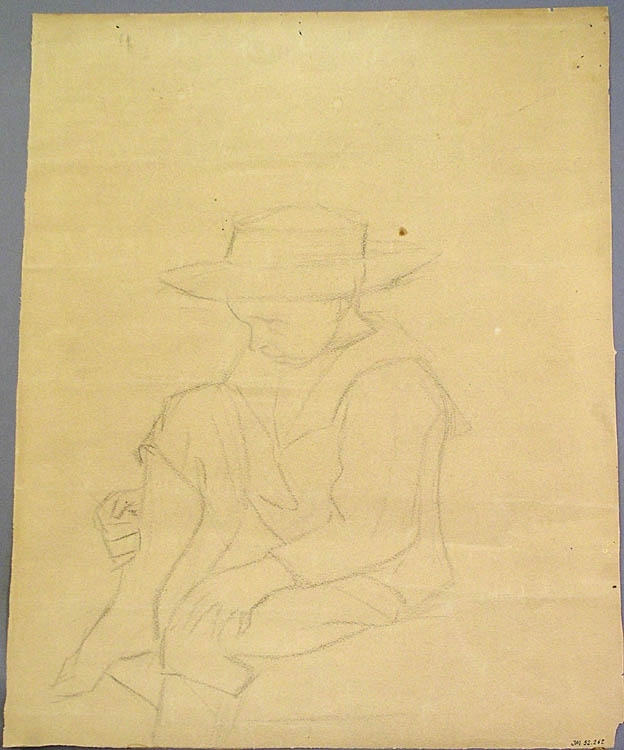 Kolteckning på brunt papper föreställande ett självporträtt av John Bauer. Skrattande med hatt på nacken, iklädd vit skjorta, kavaj och kravatt.

Baksida: Tecknad bild av sittande pojke i sjömanskostym och hatt.