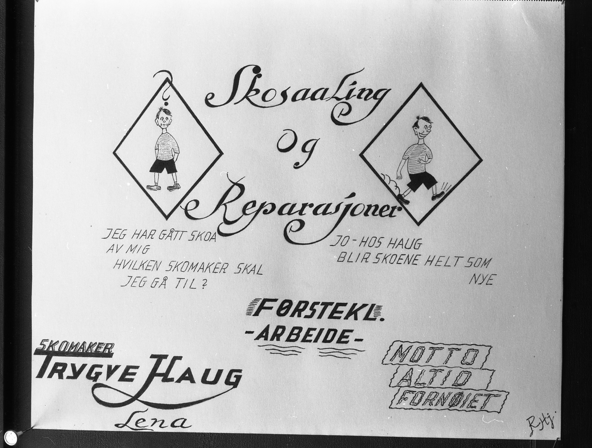 Bilde av reklameplakat for skomaker Trygve Haug på Lena, august 1952. Fire like bilder.