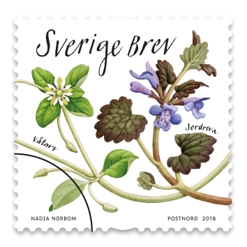 Frimärken i häfte med tio självhäftande frimärken med fem motiv av olika växter i Sverige. Valör Brev.