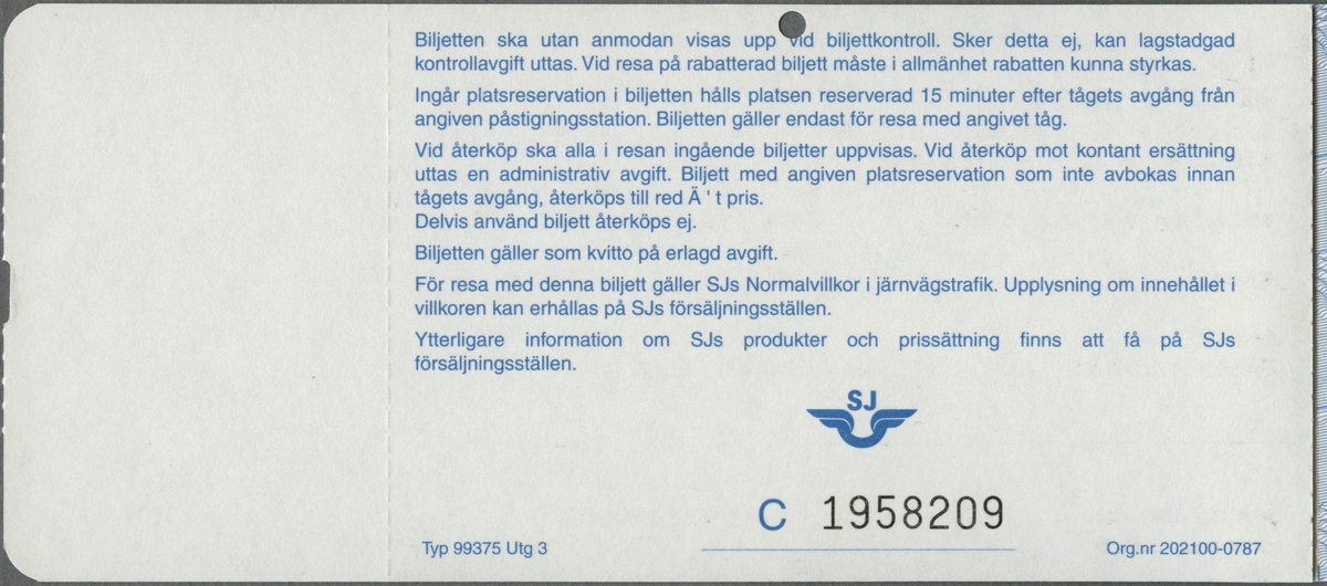 Fyra ihophäftade biljetter, varav två ljusblå mönstrade personalbiljetter och två orangemönstrade sittplatsbiljetter. De två ljusblå biljetterna har tryckt text i svart och skiljer sig endast åt beträffande platsnumret. Den första biljetten har texten:
"SJ PERSONTRAFIK BILJETT NATTÅGET Bädd
1 vuxen, SJ PERSONALBILJETT
STOCKHOLM C - KÖBENHAVN
torsdag 19 dec 1996
tåg 283 avg 22.30 ank 07.00 vagn 237 platsnummer 21 UNDER MIXAD 6-BÄDD
GÄLLER ENDAST FÖR INTERNATIONELL RESA
pris 85,00 kr GÄVLE".
Den andra biljetten har platsnummer "22".
Biljetterna har mönster av Statens Järnvägar, SJ's logga, vingarna med initialerna ovanför, som också är tryckt i svart i de vänstra övre hörnen. De har varsitt hål efter biljettång samt är perforerade på högra sidorna. Baksidorna har regler/bestämmelser för biljetterna.
Tredje biljetten har texten:
"VI HAR RESERVERAT 2 PLATSER I SITTVAGN MED EC/IC-TILLÄGG
KOEBENHAVN H --> HAMBURG HBF
AVRESA DEN 20.12.96 KL 07.30 TÅG 189 ANKOMST KL 12.23 AVDELNING KL 2 VAGN 21 PLATSNUMMER FÖNSTER 26 GÅNG 24 Plats med bord Rökfri
SEK ***96.00
Säljställets datumstämpel GÄVLE 01.12.96 18.02".
Fjärde biljeten har samma text som den tredje med undantag: 
"HAMBURG HBF --> DORTMUND
AVRESA DEN 20.12.96 KL 12.53 TÅG 523 ANKOMST KL 15.34 AVDELNING KL 2 VAGN 16 PLATSNUMMER FÖNSTER 25 MELLAN 27 Salong Rökfri
SEK*** 52.00".
På höger långsida finns stämplat i rött datum samt några andra siffror. I övrigt identisk med föregående bijett.
Biljetterna har mönster av linjer och cirklar, skrivfält med text i blått för särskilda uppgifter, rabatt och motiv. SJ's logga finns tryckt i blått högst upp till vänster på biljetterna. Texten på biljetterna står även på franska. Baksidorna har regler/bestämmelser för biljetterna på svenska och franska.