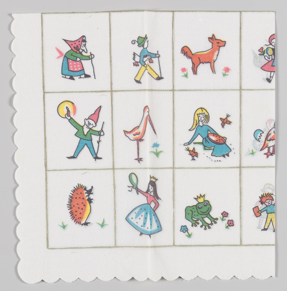 Firkanter med forskjellige figurer: En heks, en gutt med en gås under armen, en rev, en nisse, en stork, en jente som forer fuglene, et pinnsvin, en prinsesse, en frosk med krone.